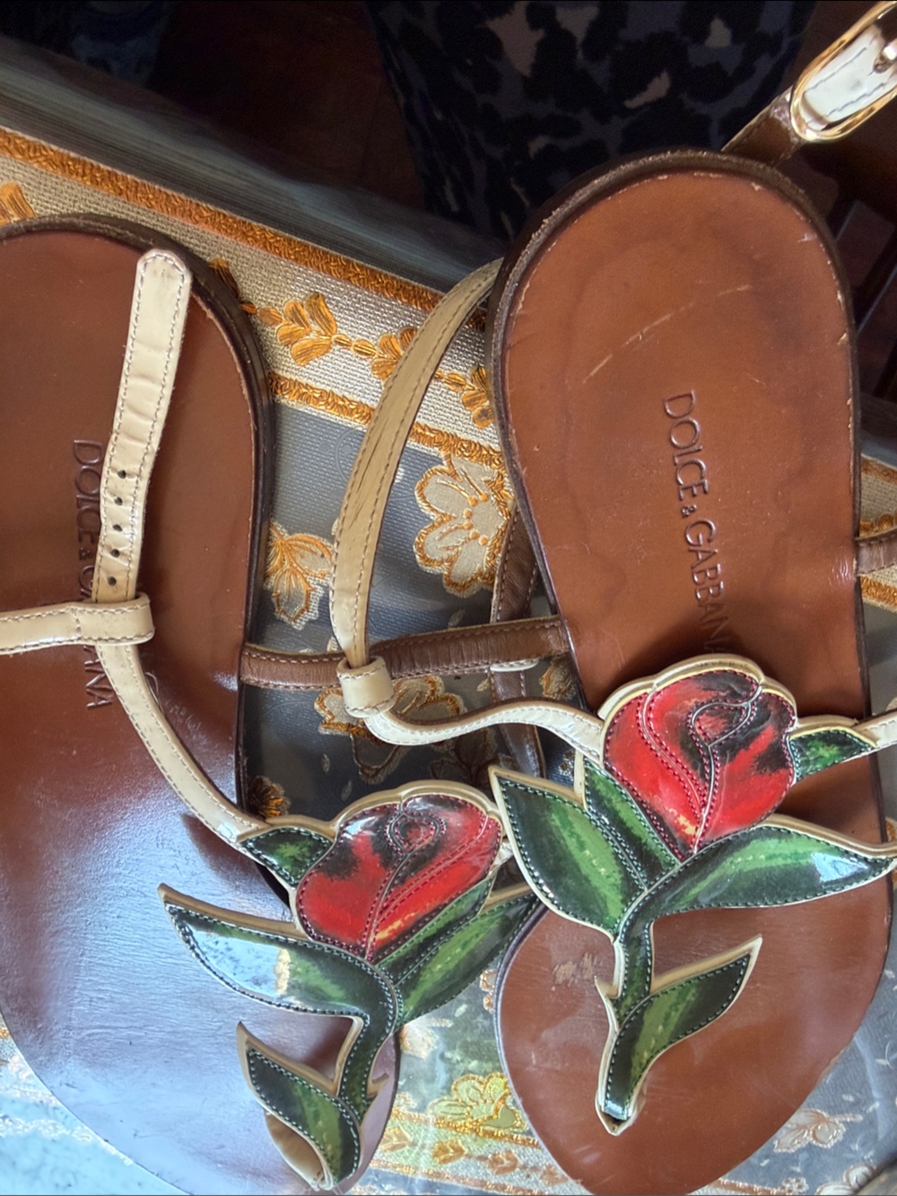 Dolce & Gabbana Brown Leather Thong Sandals with Red and Green Floral Appliqués